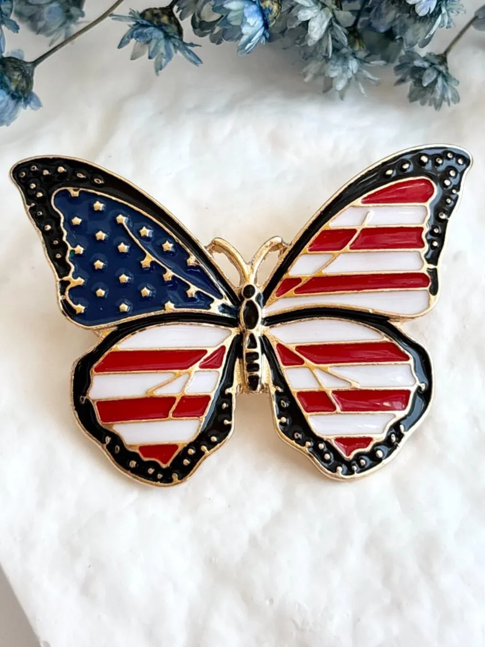 Butterfly Figural American Flag Enameled Gold Toned Patriotic Brooch Pin
